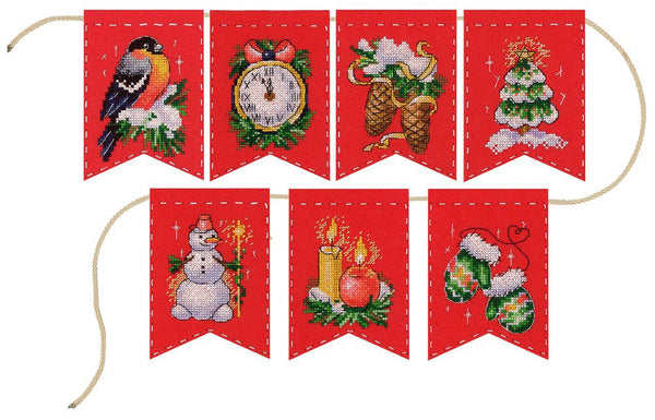 Garland “New Year’s mood” (7 flags).  Cross stitch kit with felt base. MP Studio T-1017