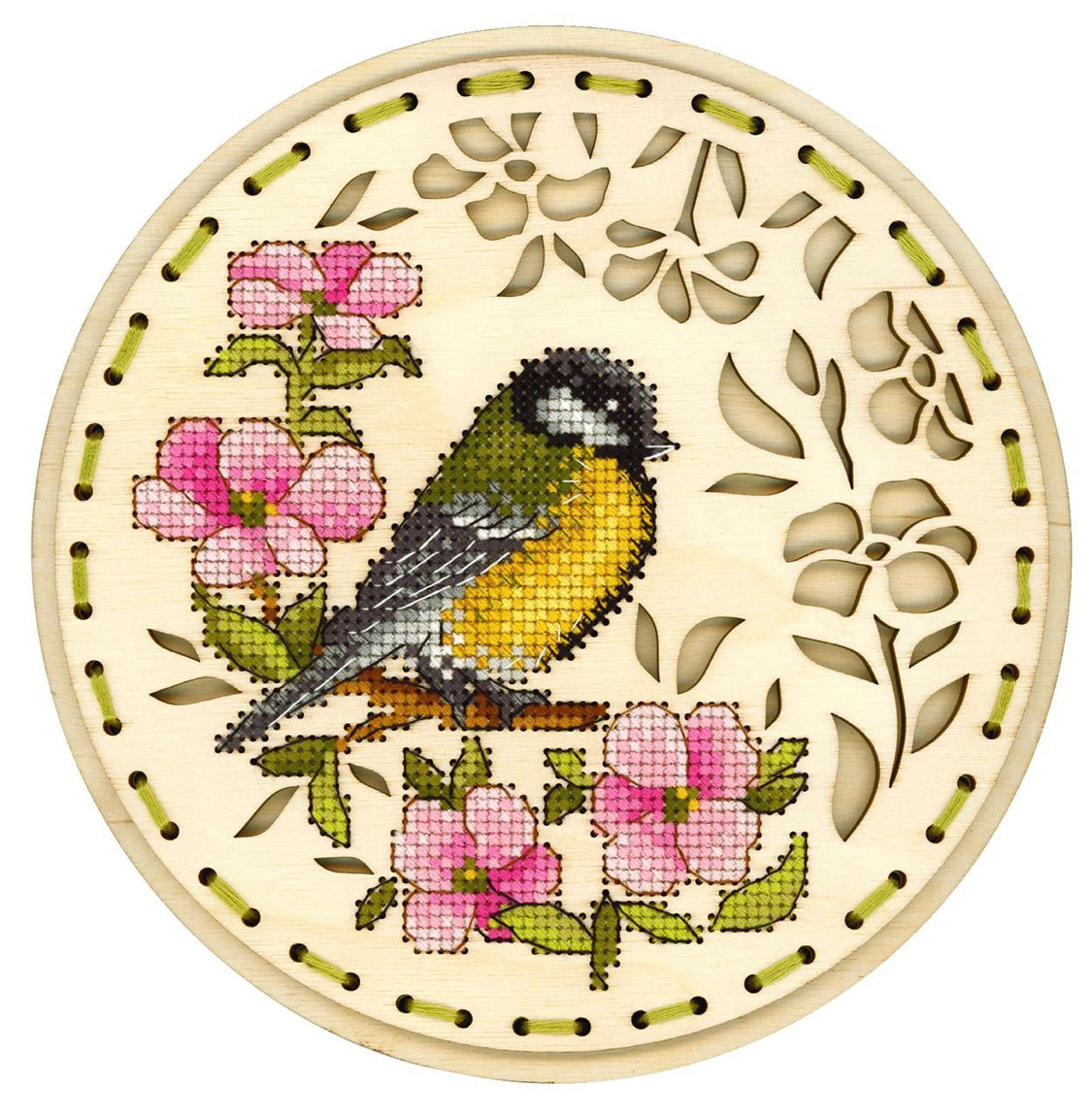 Spring guest.  Cross stitch kit on wooden base.  MP Studio O-041
