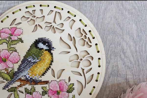 Spring guest.  Cross stitch kit on wooden base.  MP Studio O-041