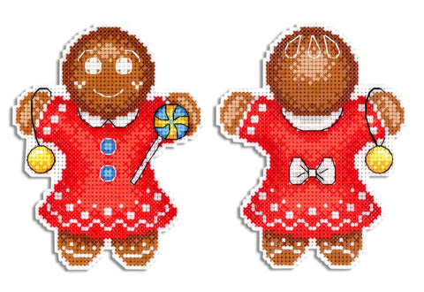 Gingerbread Woman Red Christmas Decoration  2D Cross stitch kit on plastic canvas MP Studio P-583