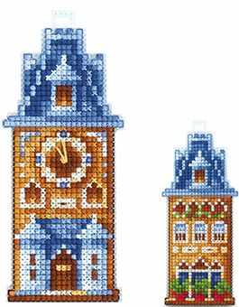 Victorian House: Blue with clock 2D Cross stitch kit on plastic canvas. Adrianna D-14