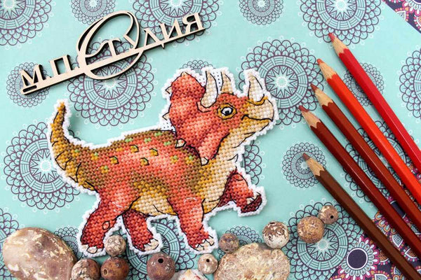 Dinosaur triceratops 2D  Cross stitch kit on plastic canvas. MP Studio P-269