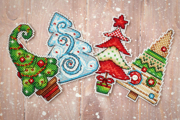 Christmas Trees.  Magnets  Cross stitch kit on plastic canvas. MP Studio P-316