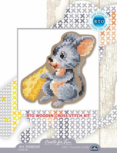 Mouse with cheese.  Cross stitch kit on wooden base.  RTO  EHW049