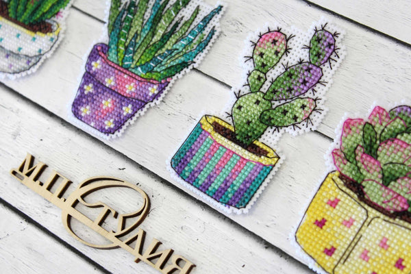 Cactuses.  Magnets  Cross stitch kit on plastic canvas. MP Studio P-419