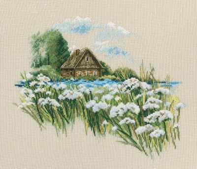 Beautiful Village with white flowers.  Cross Stitch Kit RTO M770