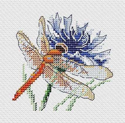 Dragonfly and cornflower. Mini Cross stitch kit. MP Studio M-619