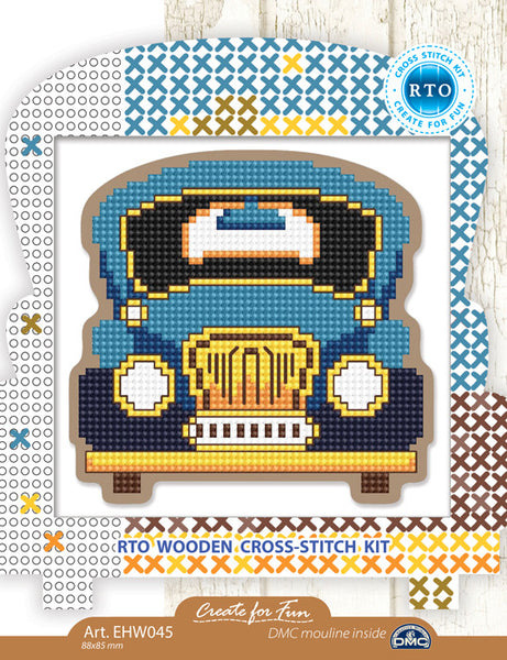 Blue Car. Cross stitch kit on wooden base.  RTO  EHW045