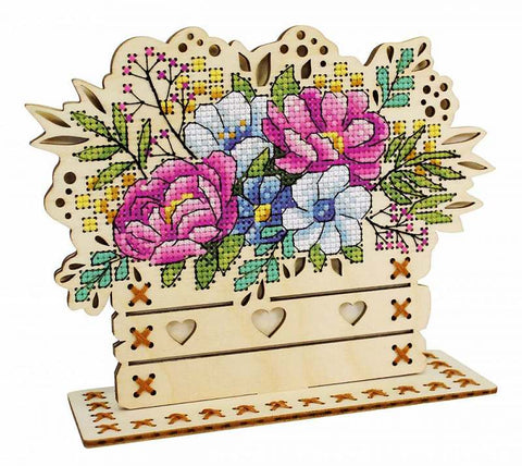Bouquet of Flowers.  Cross stitch kit on wooden base 2D.  MP Studio O-018