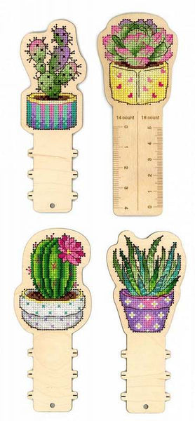 Cactus and succulents.  Ruler + 3 bobbins" Cross stitch kit on wooden base.  MP Studio O-006.