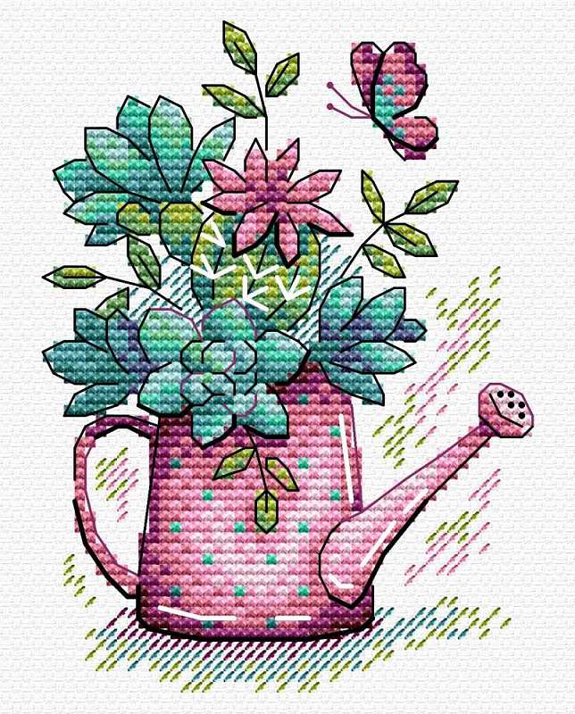 Succulents with butterfly. Cross stitch kit. MP Studio M-284 REDOO