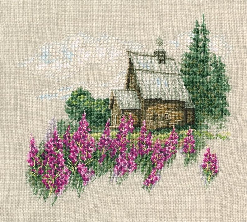 Beautiful Village with purple flowers.  Cross Stitch Kit RTO M769