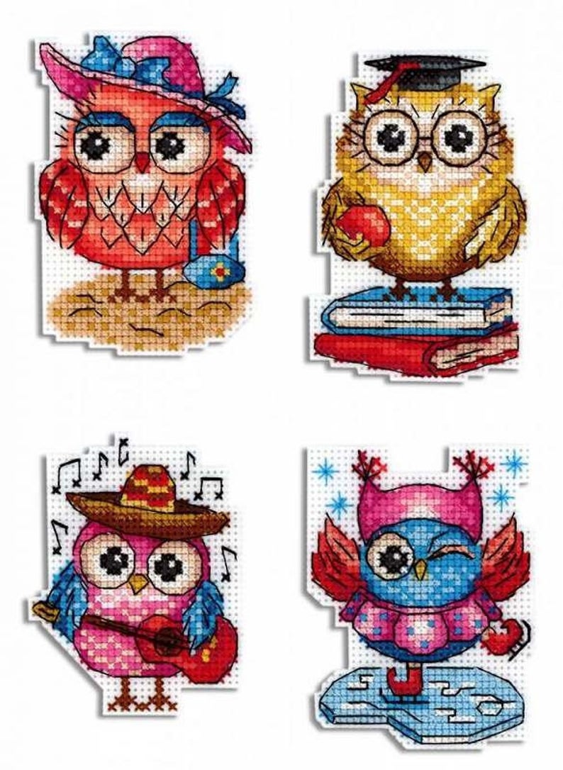 Owls. Magnets Cross stitch kit on plastic canvas. MP Studio P-487
