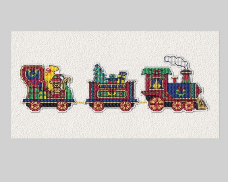 Christmas train Magnets  Cross stitch kit on plastic canvas. Oven 1131